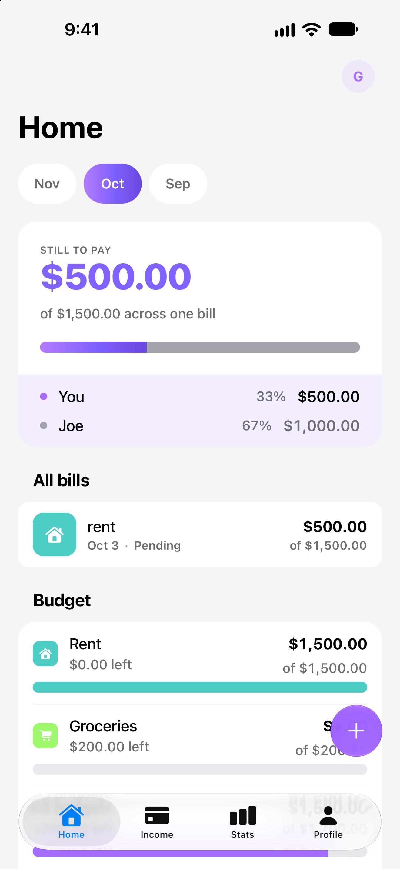 CoBills Home screen showing this month’s remaining share, household split, bills, and budget.